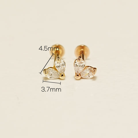 14K Gold Mini Teardrop Heart Cubic Internally Threaded Labret Piercing 18G16G