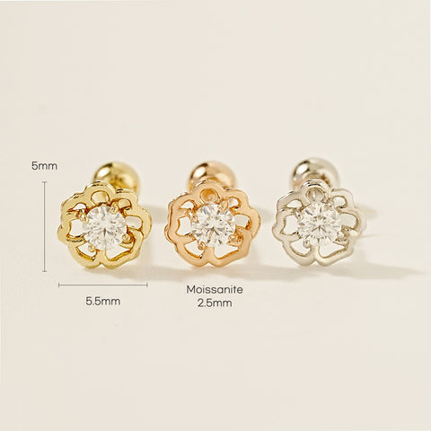 14K Gold Pansy Flower Moissanite Cartilage Earring 20G18G16G