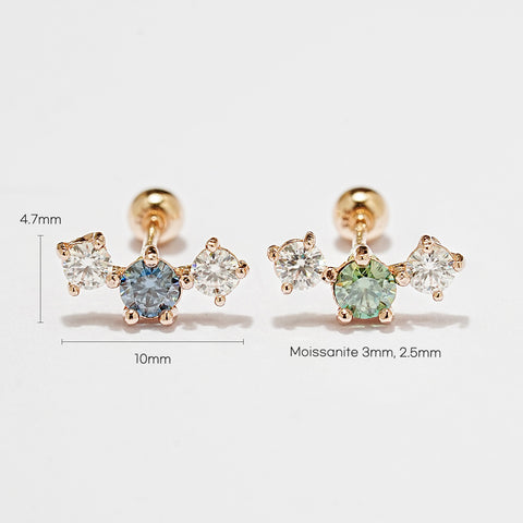 14K Gold Moissanite Triple Color Dia Cartilage Earring 20G18G16G