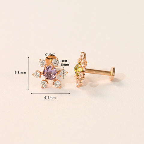 14K Gold Flower Rose-Cut Cubic Internally Threaded Labret Piercing 18G16G