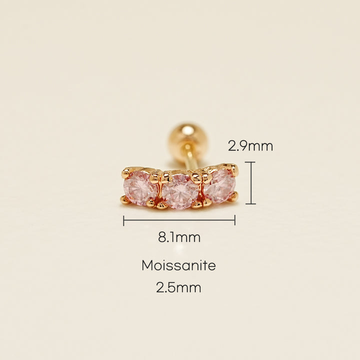 14K Gold Moissanite Dia Triple Color Curve Cartilage Earring 20G18G16G