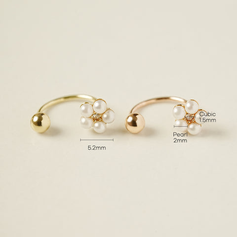 14K Gold Lovely Pearls Flower Cubic Curve Piercing 20G