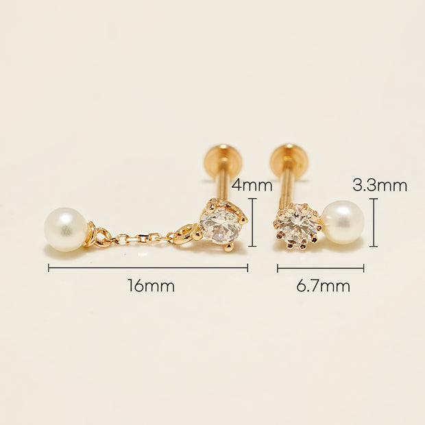 14K Gold Point Cubic Pearl Internally Threaded Labret Piercing 18G16G