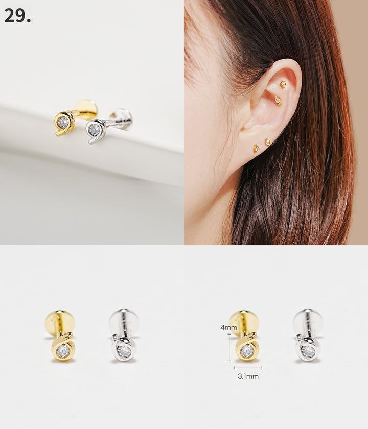 925 Silver Internally Threaded Labret Cartilage Earrings 18G