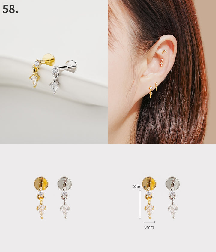925 Silver Internally Threaded Labret Cartilage Earrings 18G