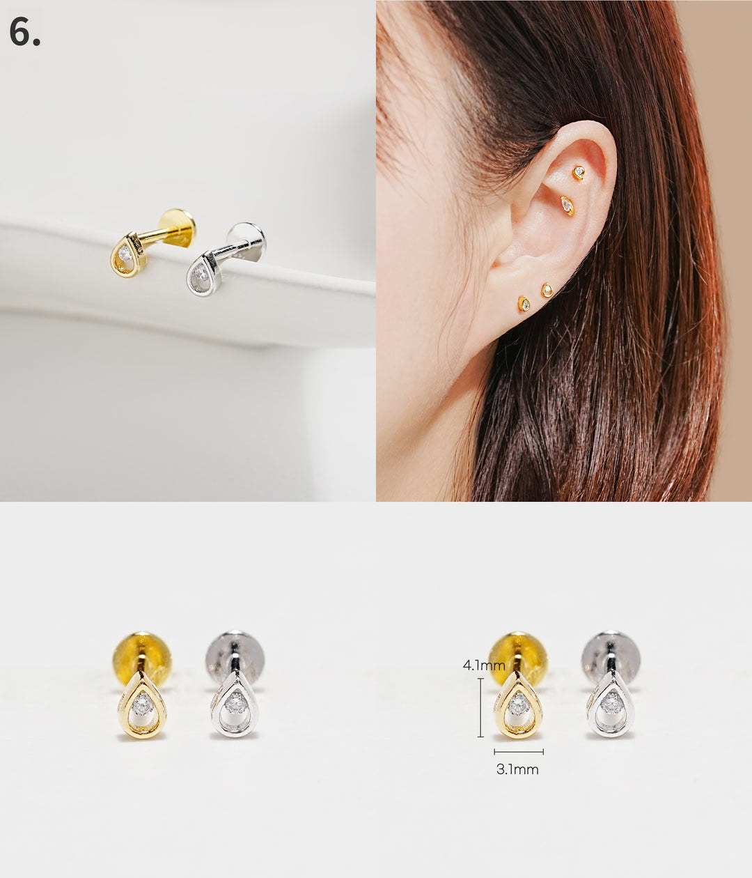 925 Silver Internally Threaded Labret Cartilage Earrings 18G