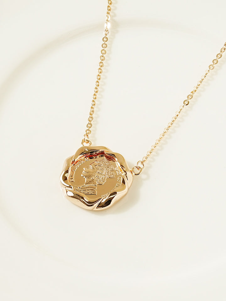 14K 18K Solid Gold Flower Elizabeth Coin Necklace