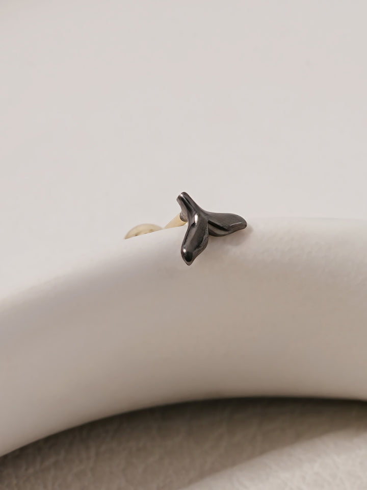 14K Solid Gold Black Mini Whale Tail Cartilage Earring 20G18G16G