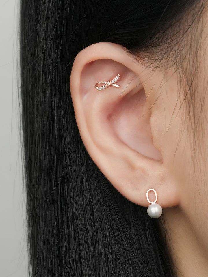 14K Solid Gold Slim Cubic Ribbon Cartilage Earring 20G