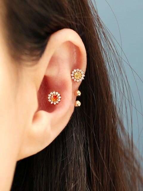 14K Gold Rose-Cut Sunflower Curve Piercing 20G