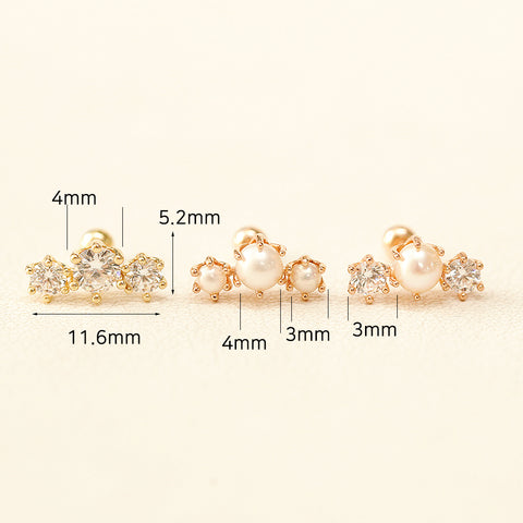 14K Gold Crown Triple Pearl Cubic Cartilage Earring 20G18G16G