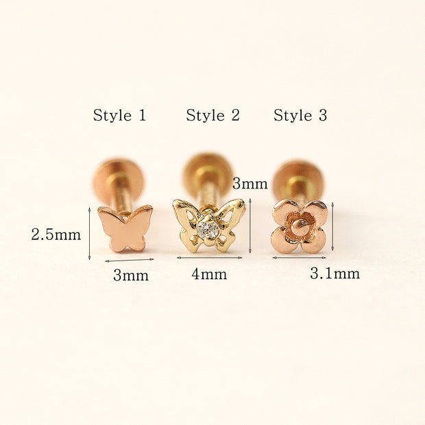 14K Gold Mini Butterfly & Flower Internally Threaded Labret Piercing 18G16G
