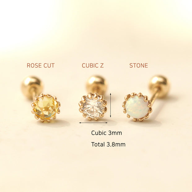 14K Gold Crown Rose cut Cubic Cartilage Earring 20G18G16G