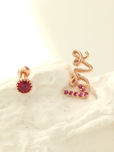 14K Gold Ruby Love and Round CZ Cartilage Earring 18g16g
