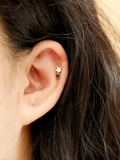 14K Gold Bling Black Onyx Star Cartilage Earring 18g