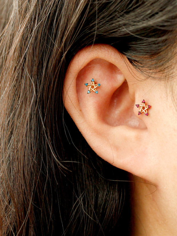 14K Gold Bling Point CZ Star Cartilage Earring 18g