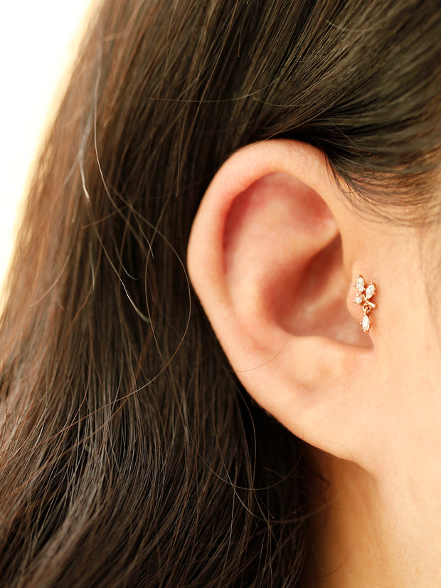 14K Gold Bling Leaf CZ Drop Cartilage Earring 18G16G