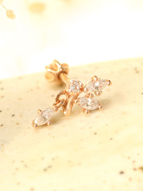 14K Gold Bling Leaf CZ Drop Cartilage Earring 18G16G