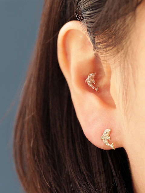 14K Gold Bling Dolphin Cartilage Earring 20G