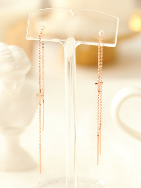 14K Gold Cross Drop Threader Earring