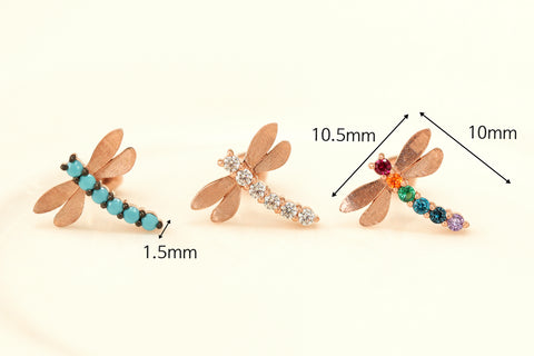 14K Gold Colorful Dragonflies Cartilage Earring 18G16G