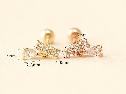 14K gold Tear Drop Cubic Bar cartilage earring 20g