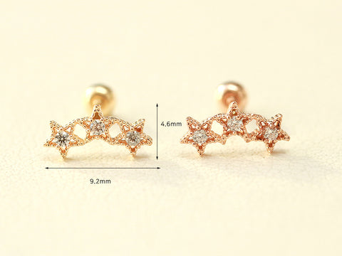 14K Gold Antique Triple Star Cartilage Earring 20G18G