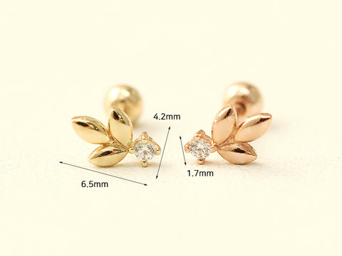 14K gold Mini Cubic Leaf cartilage earring 20g