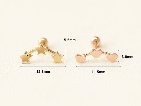 14K gold Triple Star & Heart cartilage earring 20g