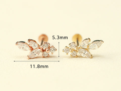 14K Gold Internal Cubic Curve Leaf Labret Piercing 18G16G