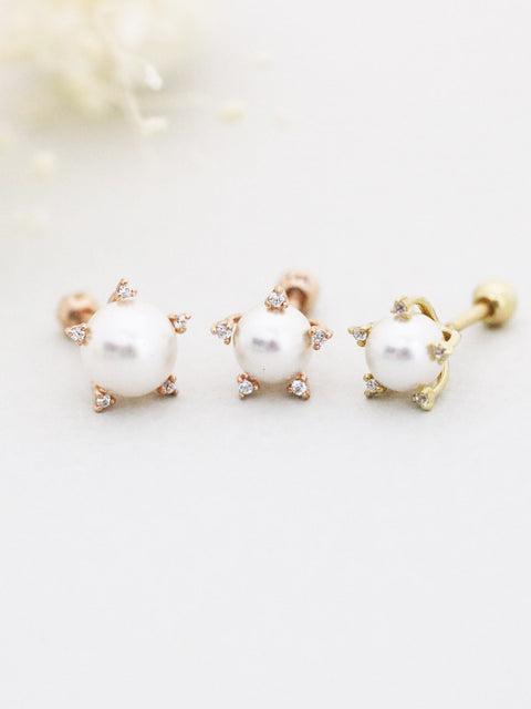 14K Gold CZ Pearl Cartilage Earring 18g16g