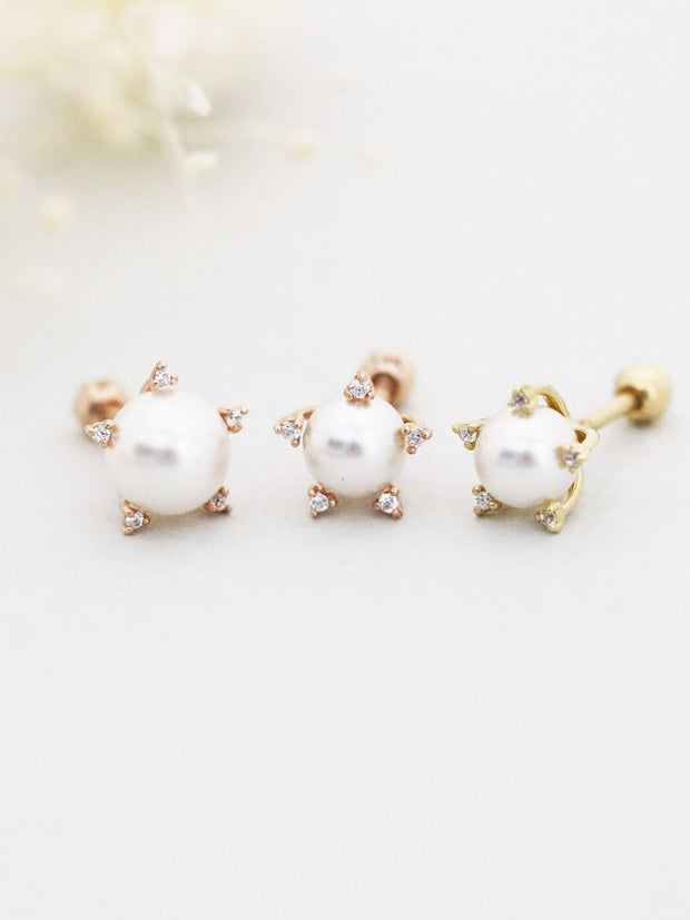 14K Gold CZ Pearl Cartilage Earring 18g16g