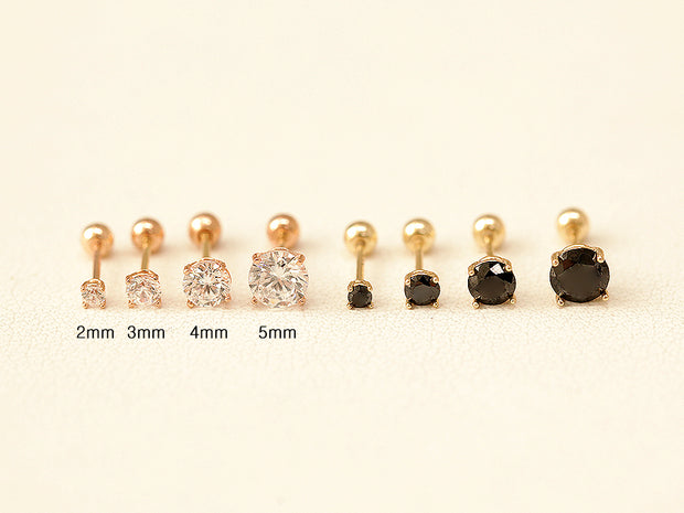 14K Gold Simple Round Cubic Cartilage Earring 2mm,3mm,4mm,5mm 20G18G16G