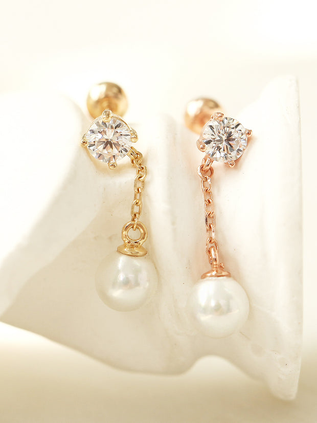 14K Gold pearl dangle cartilage earring 20g