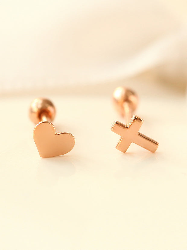 14K Gold Dainty Heart/Cross Cartilage Earring 18g16g