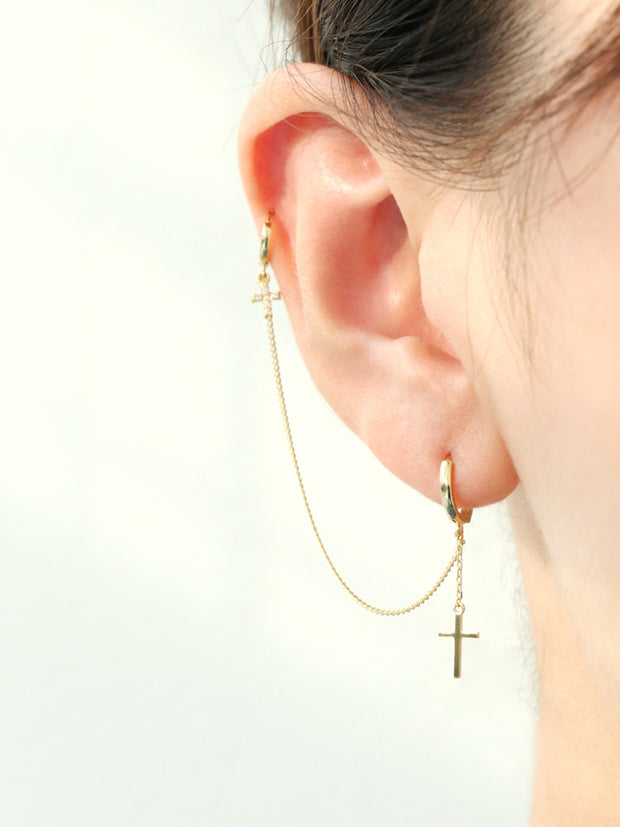 14K Gold Cross Hoop Earring