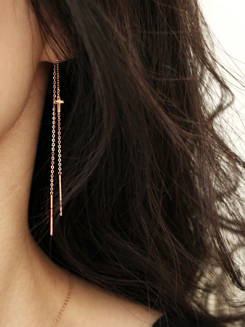 14K Gold Cross Drop Threader Earring