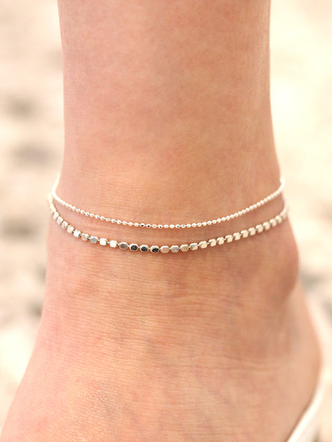 925 Silver Cutting Ball Flat Chain Anklet