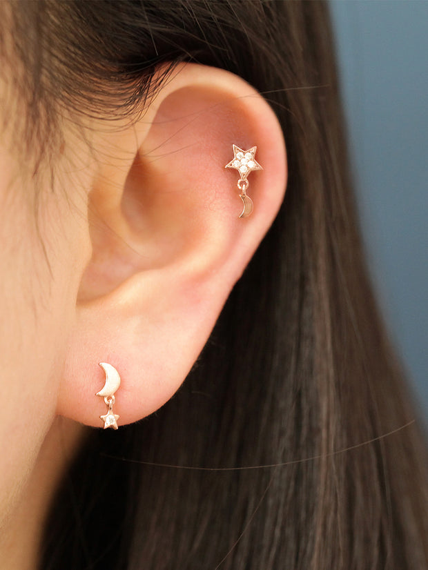 925 Silver Drop Star & Moon Cartilage Earring 16G