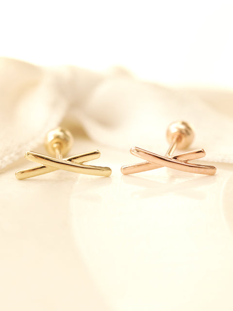 14K Gold Stick Cross Cartilage Earring 20G