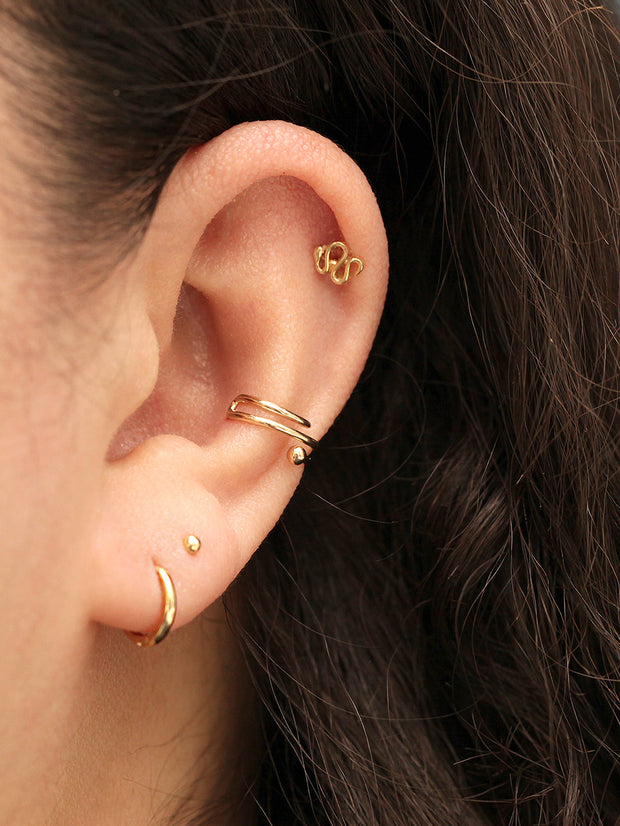 14K Gold 2 Line Ball Ear Cuff