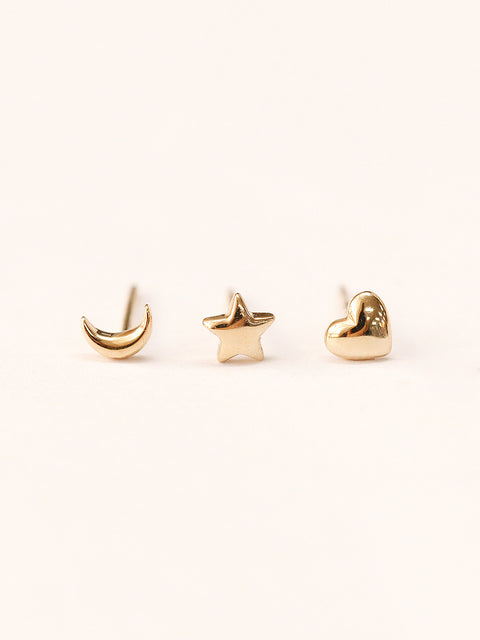 14K Gold Mini Heart,Star,Crescent Stud Earring