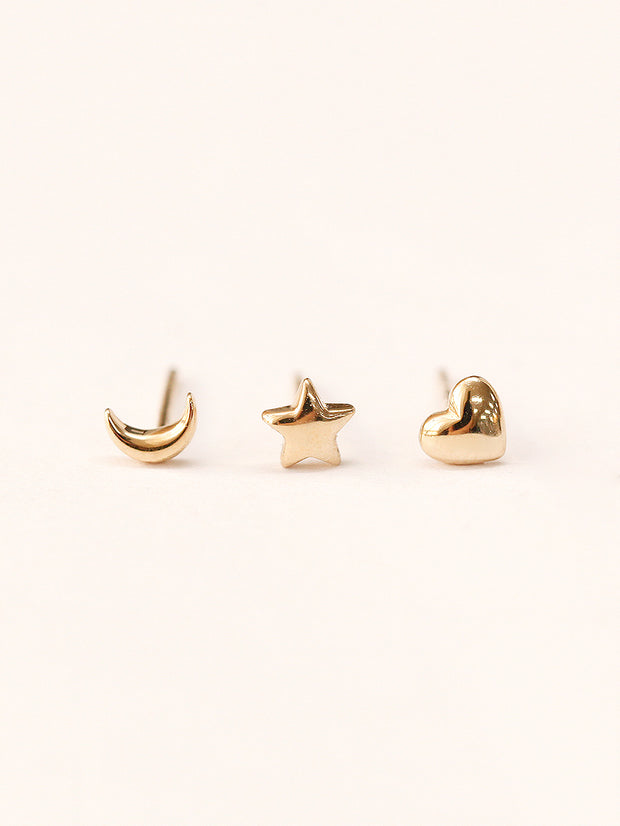 14K Gold Mini Heart,Star,Crescent Stud Earring