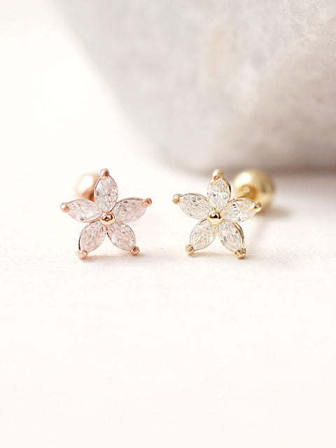 14K gold Double Flower Cubic cartilage earring 20g