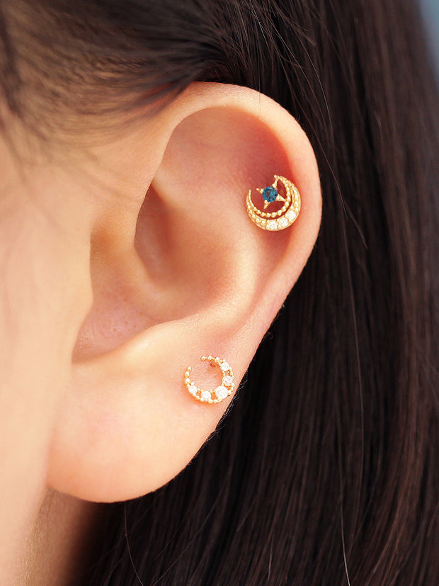 14K Gold Antique Cubic Moon Cartilage Earring 20G