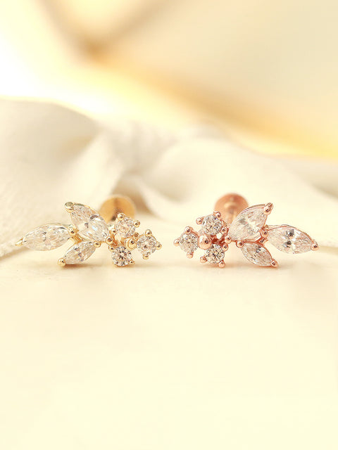 14K Gold Internal Cubic Curve Leaf Labret Piercing 18G16G
