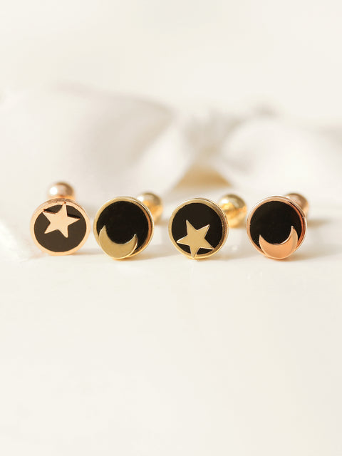 14K gold Black Star Moon cartilage earring 20g