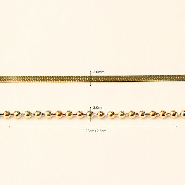 14K Gold 2mm Snake Chain and Balls Bracelet
