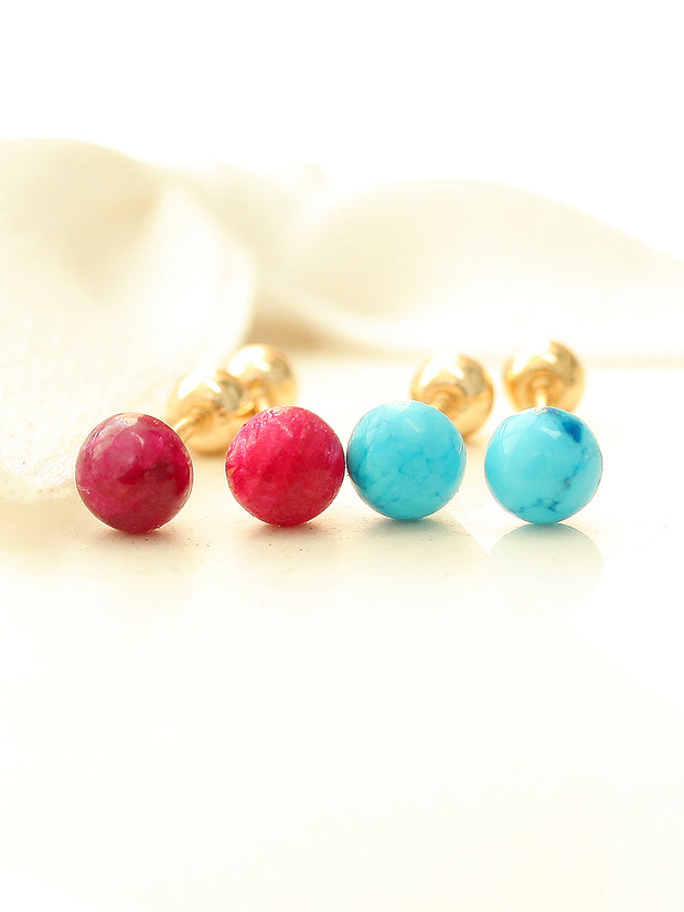 14K Gold Hemisphere Turquoise & Garnet Cartilage Earring 20G