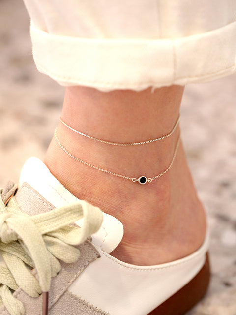 925 Silver 2 Line Box Chain Onyx Anklet